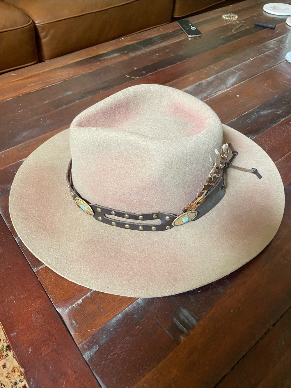 Brown Wide-Brim Felt Hat with turquoise concho Leather Band - Picture 3 of 7